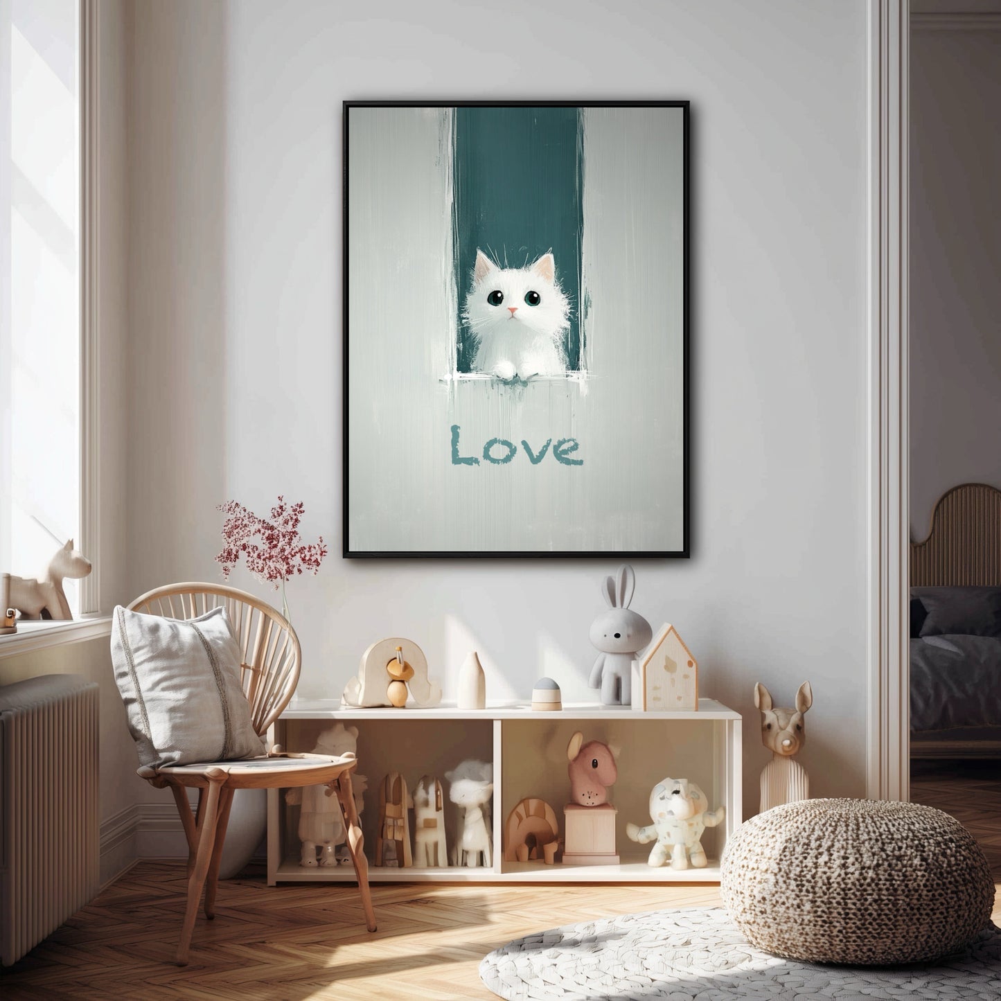 A whimsical cat "Love" painting creates a sweet focal point in a bright, modern nursery, hanging perfectly above a white toy shelf.