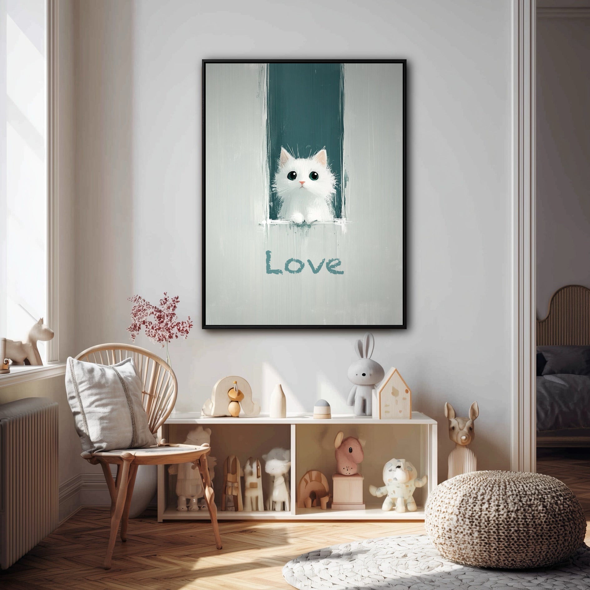 A whimsical cat "Love" painting creates a sweet focal point in a bright, modern nursery, hanging perfectly above a white toy shelf.
