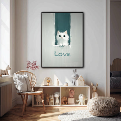A whimsical cat "Love" painting creates a sweet focal point in a bright, modern nursery, hanging perfectly above a white toy shelf.