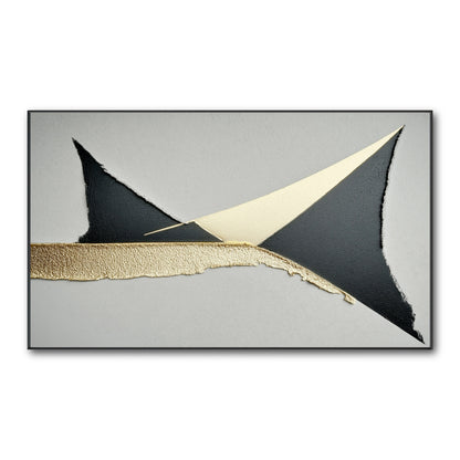 Original geometric abstract art. A minimalist design of sharp black shapes and a torn gold leaf band on a neutral grey canvas.