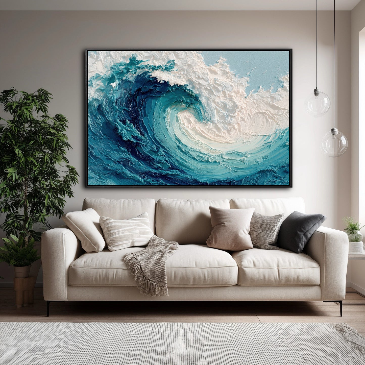 A large, textured wave painting adds a dramatic pop of cool blue color, serving as a dynamic focal point above a neutral cream sofa.