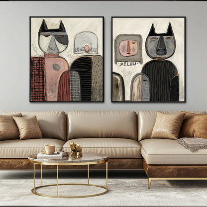 Abstract folk art diptych with figures hangs above a warm tan leather sectional, introducing a primitive, soulful aesthetic to the modern lounge.