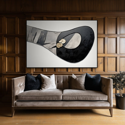 Large modern sculptural painting on a classic dark wood paneled wall above a velvet sofa in a formal study.