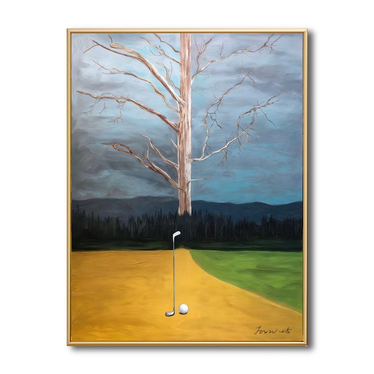 Original surreal golf painting of a bare tree and yellow path. Warm gold and cool blue tones create a dramatic, solitary vibe.