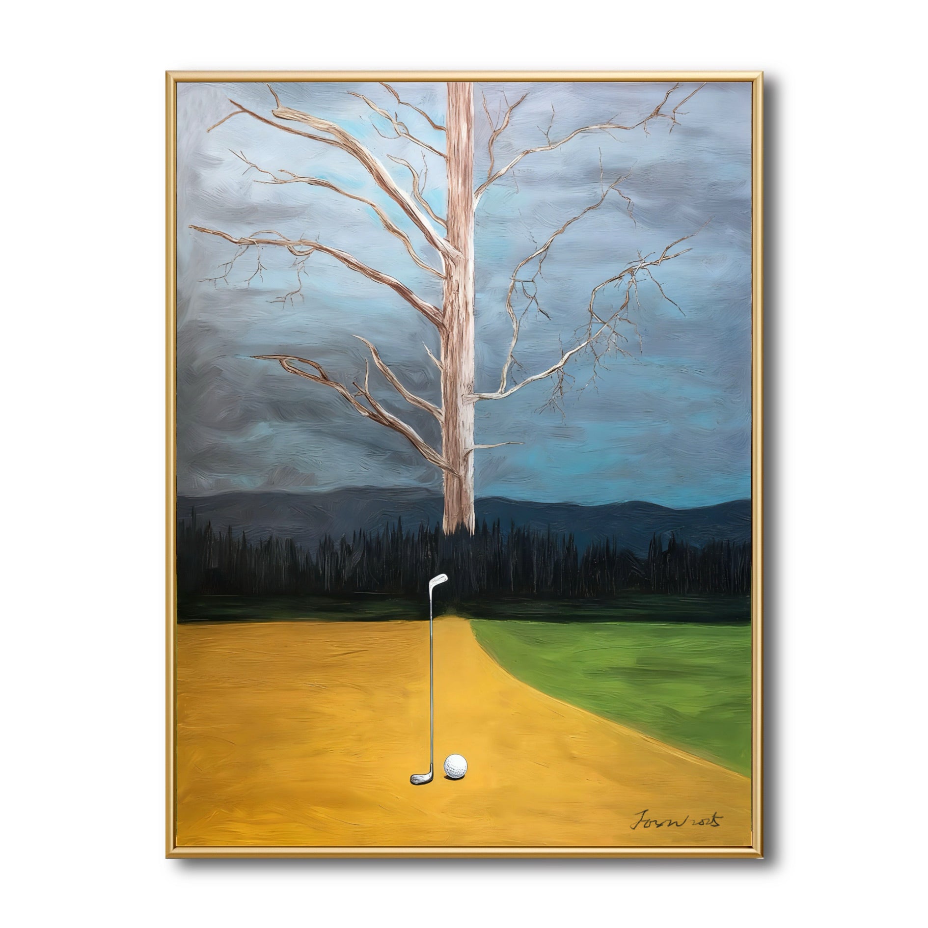 Original surreal golf painting of a bare tree and yellow path. Warm gold and cool blue tones create a dramatic, solitary vibe.