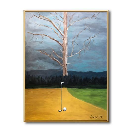Original surreal golf painting of a bare tree and yellow path. Warm gold and cool blue tones create a dramatic, solitary vibe.