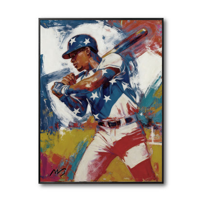 Original framed painting of a baseball player at bat, wearing a patriotic stars and stripes uniform in a modern, expressive style.
