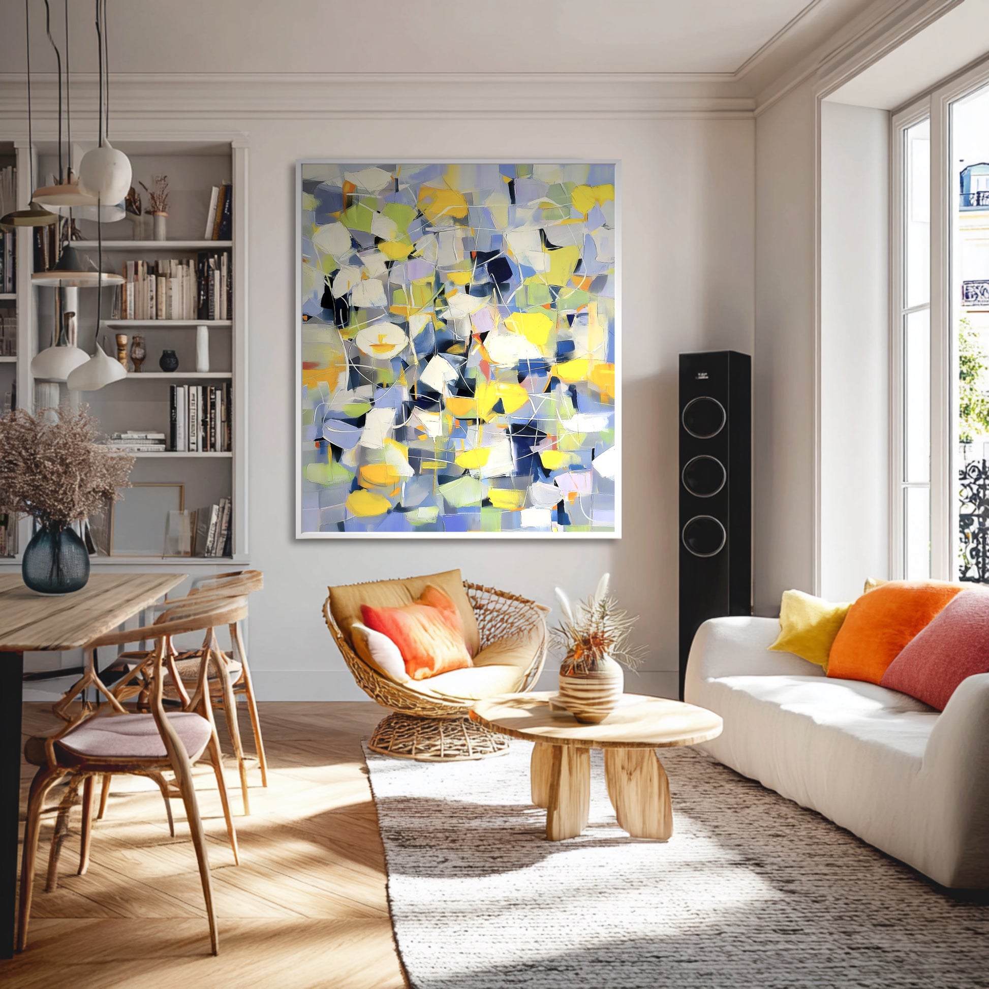 Large original abstract painting anchors an eclectic, sunlit open-plan room, coordinating with the rattan chair and bright accent pillows.