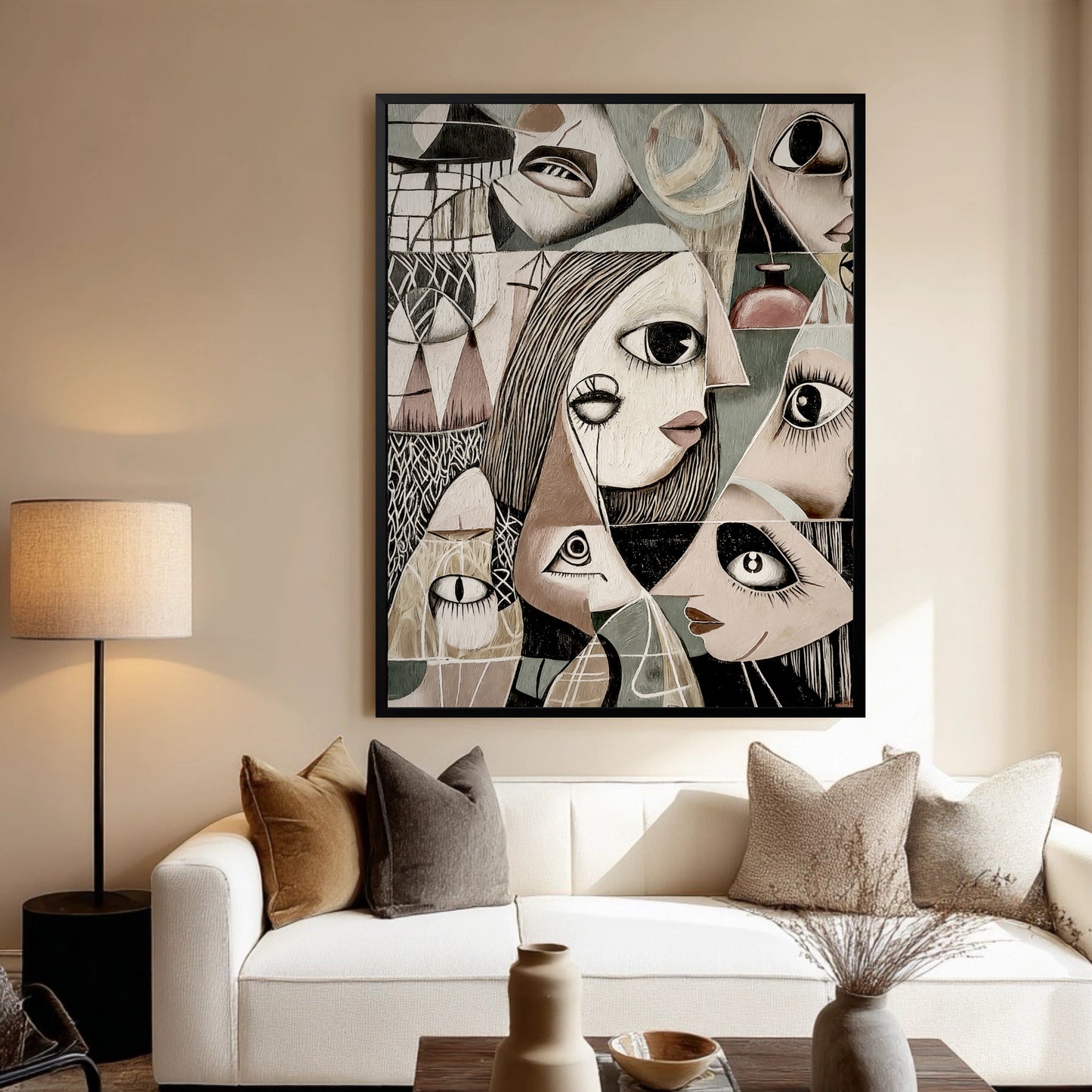 This large cubist-style painting creates a bold, sophisticated focal point above a white sofa in a warm, neutral-toned living room.