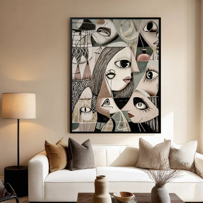 This large cubist-style painting creates a bold, sophisticated focal point above a white sofa in a warm, neutral-toned living room.