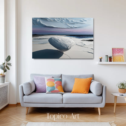 Abstract stone art complementing a warm neutral living room with velvet purple cushions and chic, curved armchairs.