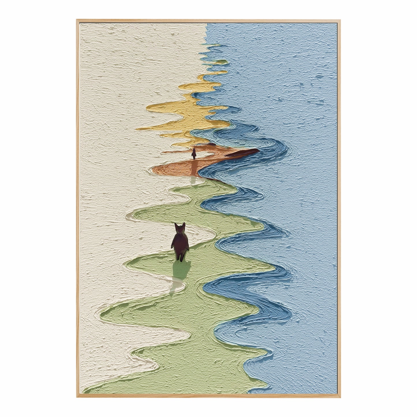 Original modern textured cat journey painting. Abstract river art, vertical. Blue, green, and warm yellow, high texture.