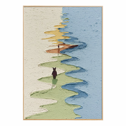 Original modern textured cat journey painting. Abstract river art, vertical. Blue, green, and warm yellow, high texture.
