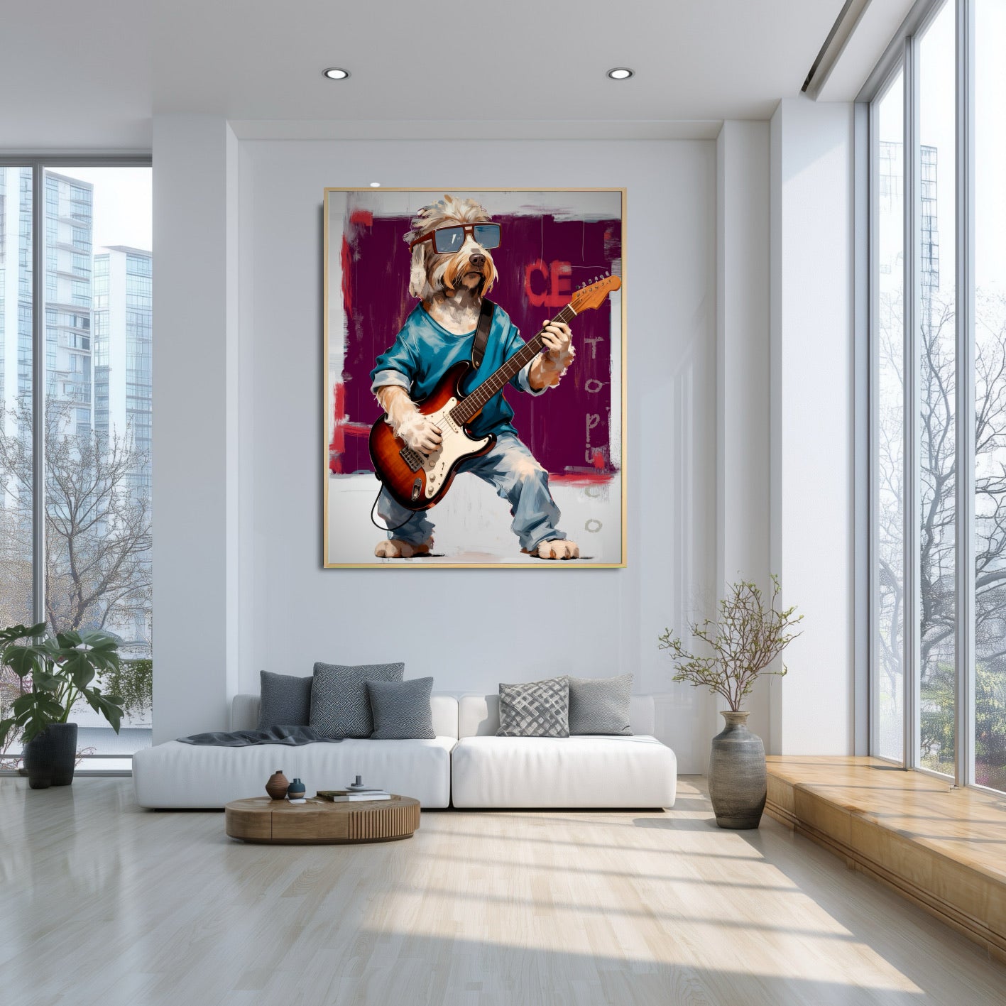 A large, colorful pop art dog painting provides a vibrant focal point in a bright, modern urban apartment with floor-to-ceiling windows.