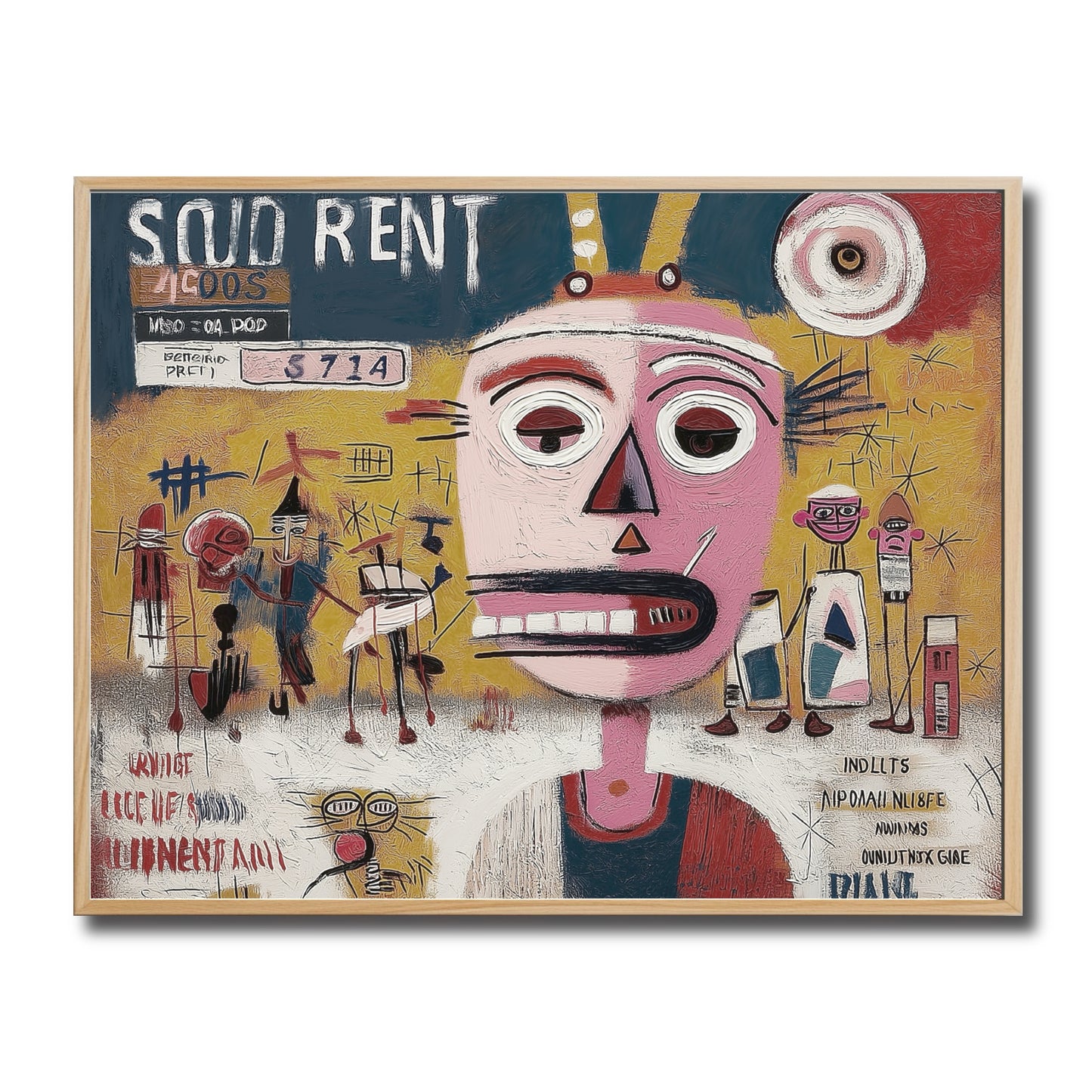 Original hand-painted neo-expressionist art. Horizontal abstract portrait with graffiti text "SOUD RENT" in a light wood frame.