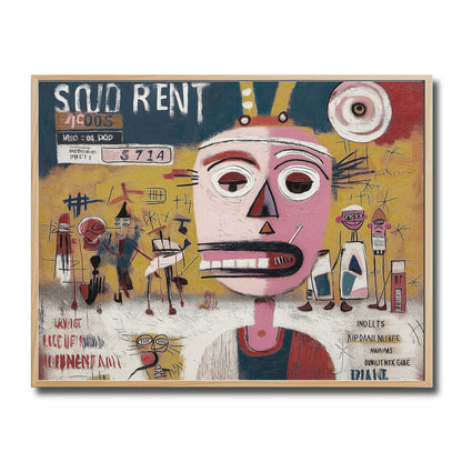 Original hand-painted neo-expressionist art. Horizontal abstract portrait with graffiti text "SOUD RENT" in a light wood frame.