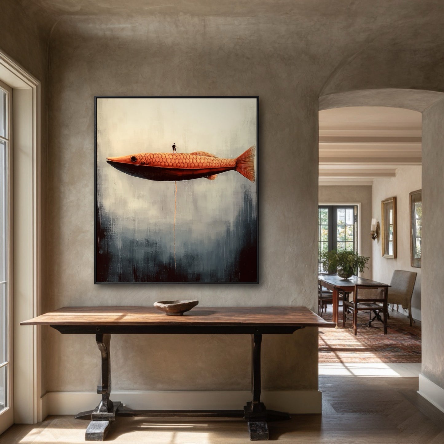 A large surreal painting adds a modern, artistic focal point to a rustic entryway with textured plaster walls and a dark wood console.
