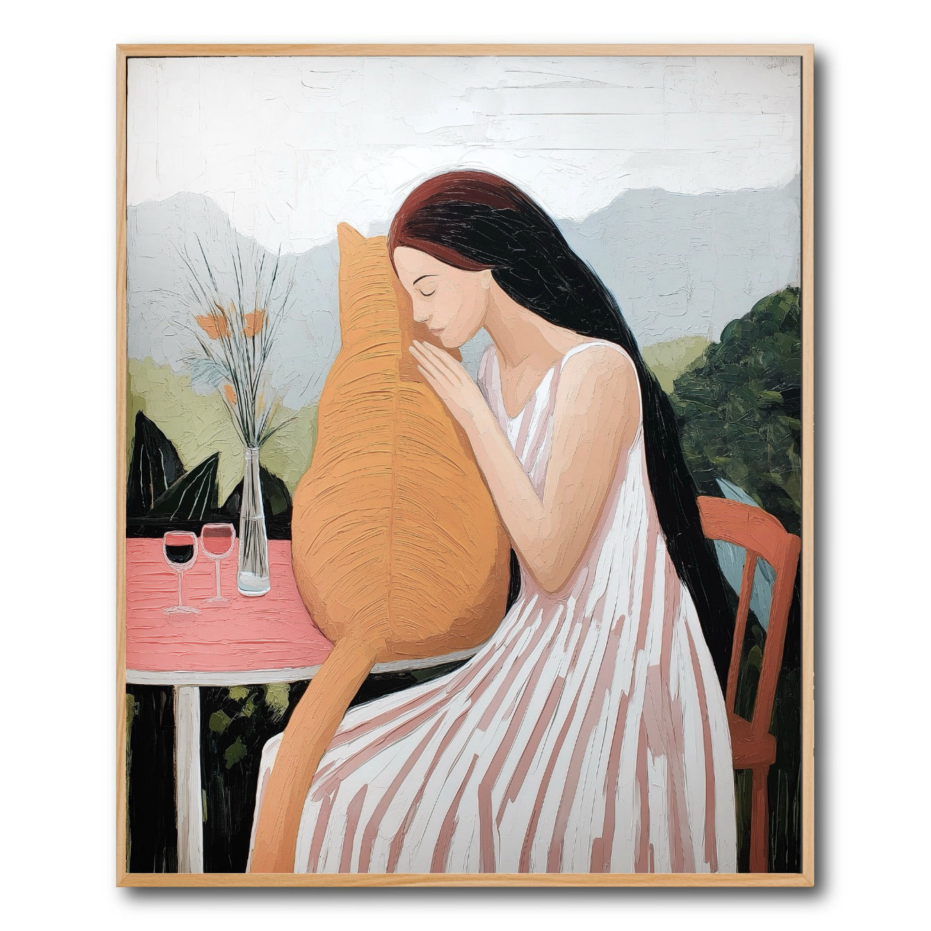 Original oil painting of woman embracing large ginger cat outdoors. Contemporary figurative art. Warm palette, serene, intimate scene.