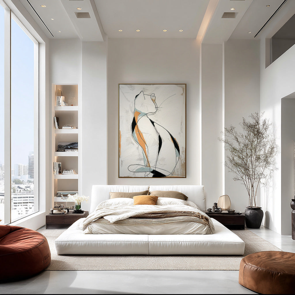 Original abstract cat painting offers a soft, neutral focal point in a high-rise room, framed by floor-to-ceiling city windows.