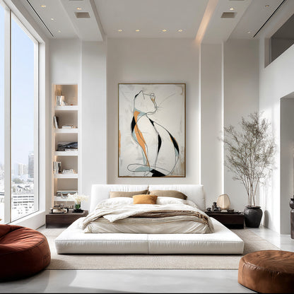 Original abstract cat painting offers a soft, neutral focal point in a high-rise room, framed by floor-to-ceiling city windows.