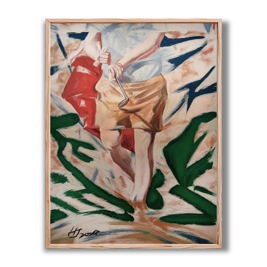 Original abstract golf painting of player stance. Warm beige and red tones with green strokes create a dynamic, energetic vibe.
