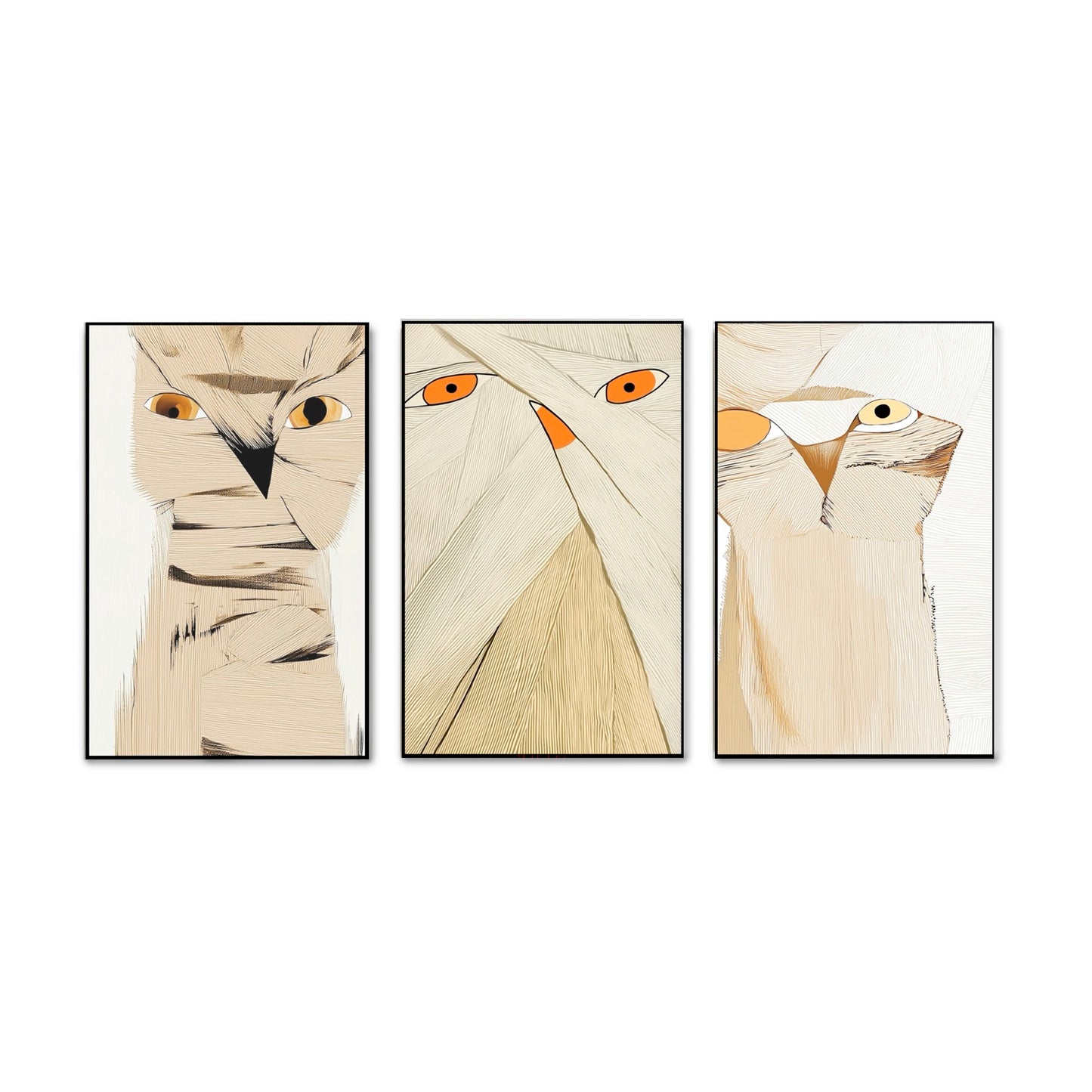 Original beige owl triptych, abstract minimalist fine art, hand-painted texture, modern neutral home décor.