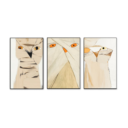 Original beige owl triptych, abstract minimalist fine art, hand-painted texture, modern neutral home décor.