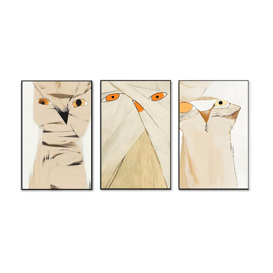 Original beige owl triptych, abstract minimalist fine art, hand-painted texture, modern neutral home décor.
