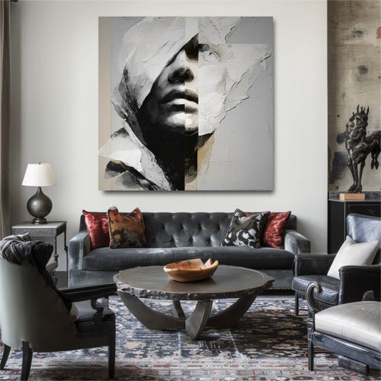 A large, neutral-toned abstract portrait hangs in an eclectic living room, complementing a dark sofa and antique decor.