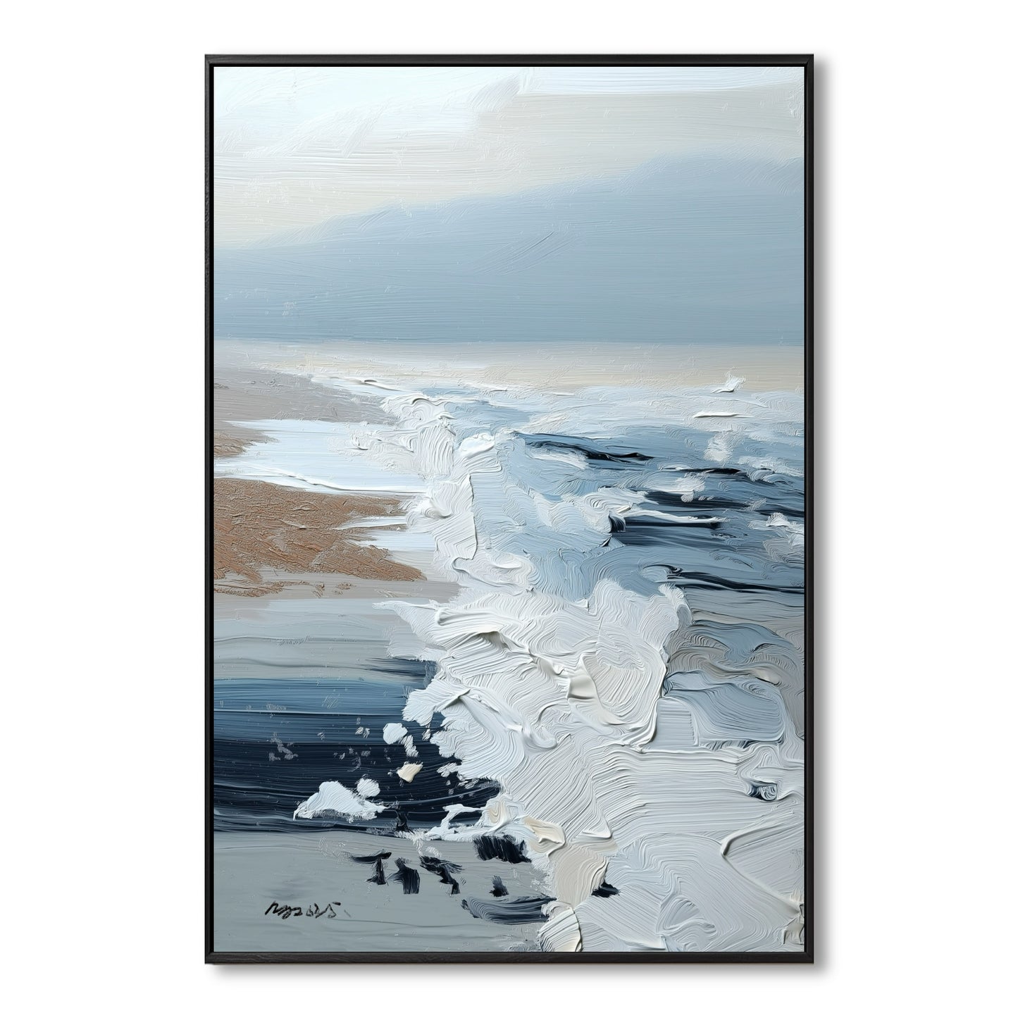 Original vertical abstract seascape. Heavy impasto texture in cool blue, white, and warm sand. Modern coastal art.
