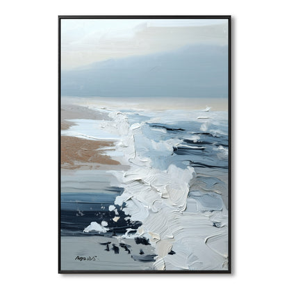 Original vertical abstract seascape. Heavy impasto texture in cool blue, white, and warm sand. Modern coastal art.