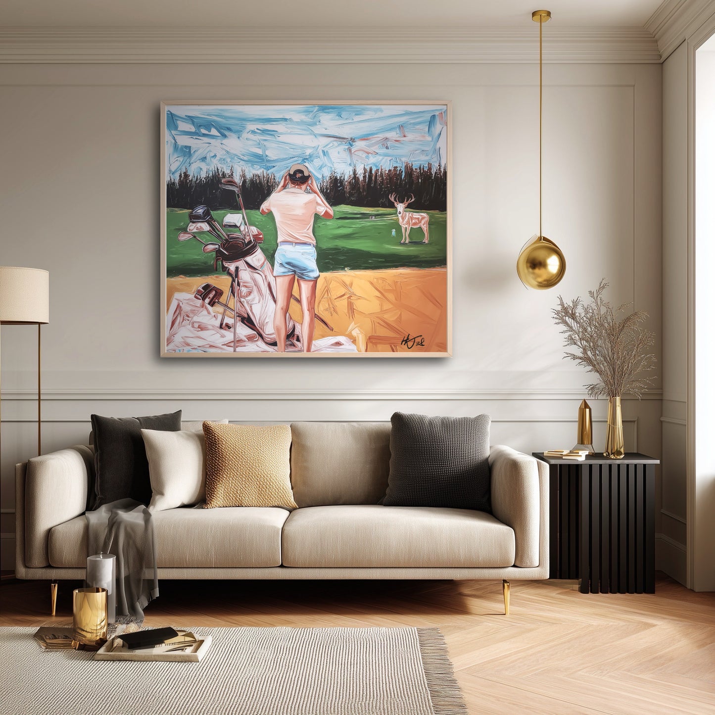 Humorous golf painting in a modern neutral living space. Orange foreground hues complement the bright throw pillows.