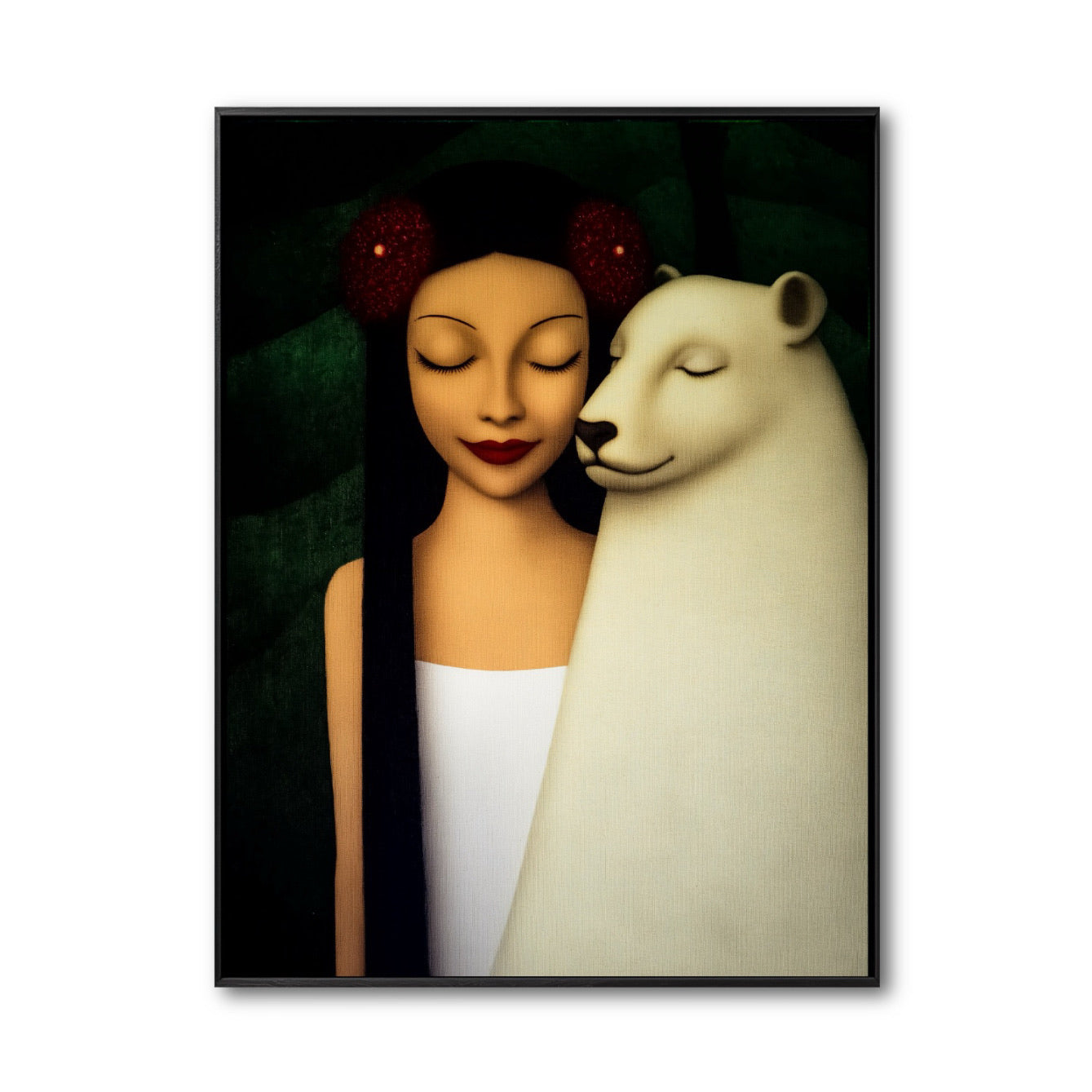 Original oil painting: Woman with red flowers embracing white bear. Warm portraiture, emotional, dark green, contemporary figurative art.