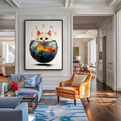 A large, whimsical cat painting creates a modern contrast in a traditional, elegant room with classic moulding and formal chairs.
