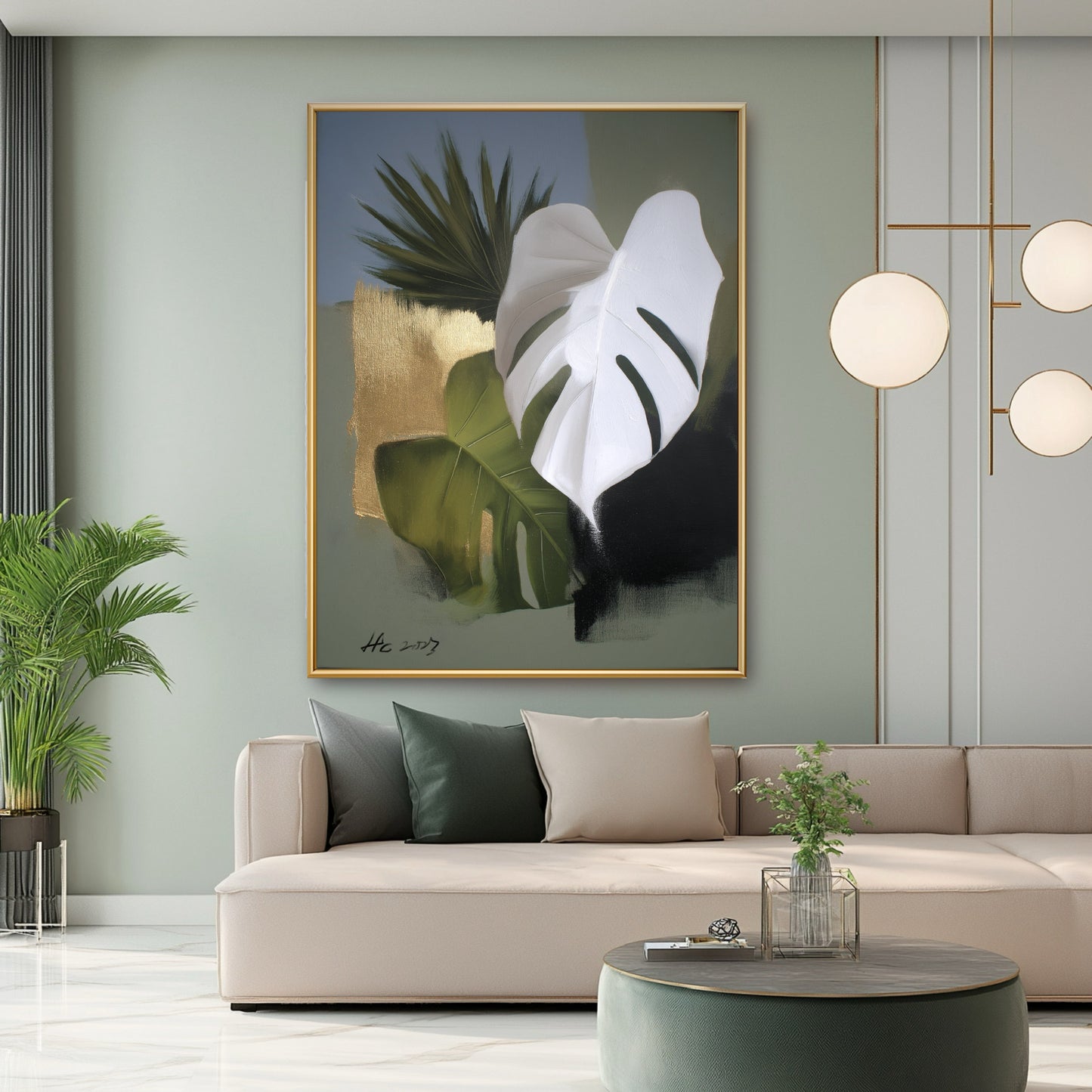 Original gold and white leaf painting in a sage green living room. The botanical art matches the beige sofa and luxe decor.