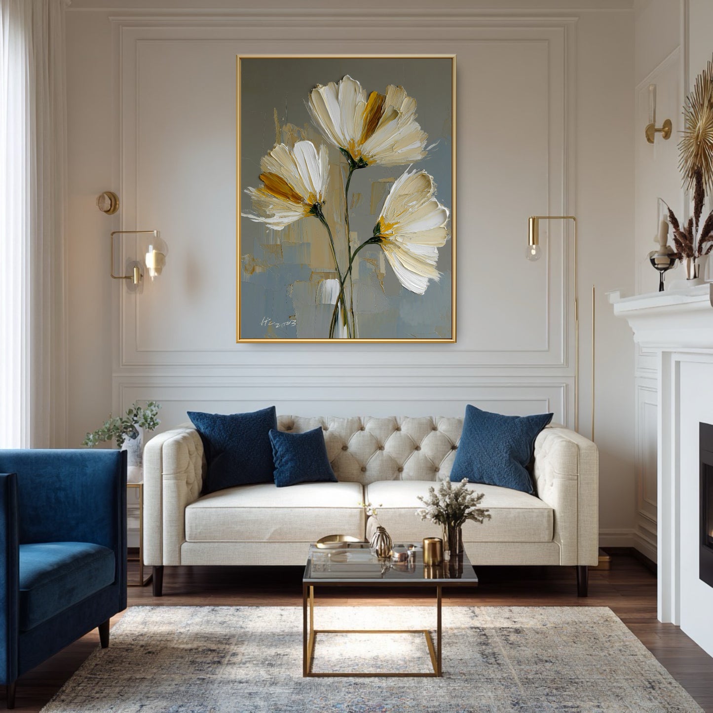 Original floral painting displayed in a luxe grey living room. Gold frame art complements the blue velvet chair and tufted sofa.