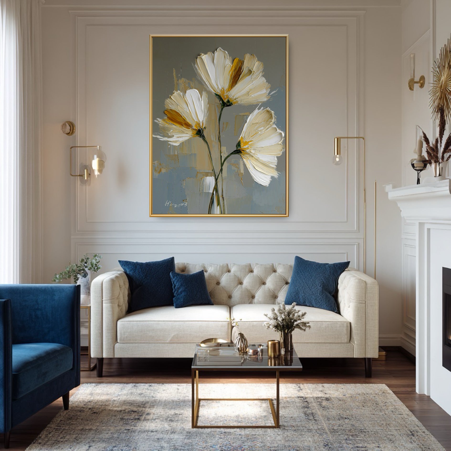 Original floral painting displayed in a luxe grey living room. Gold frame art complements the blue velvet chair and tufted sofa.