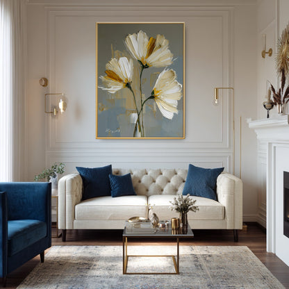Original floral painting displayed in a luxe grey living room. Gold frame art complements the blue velvet chair and tufted sofa.