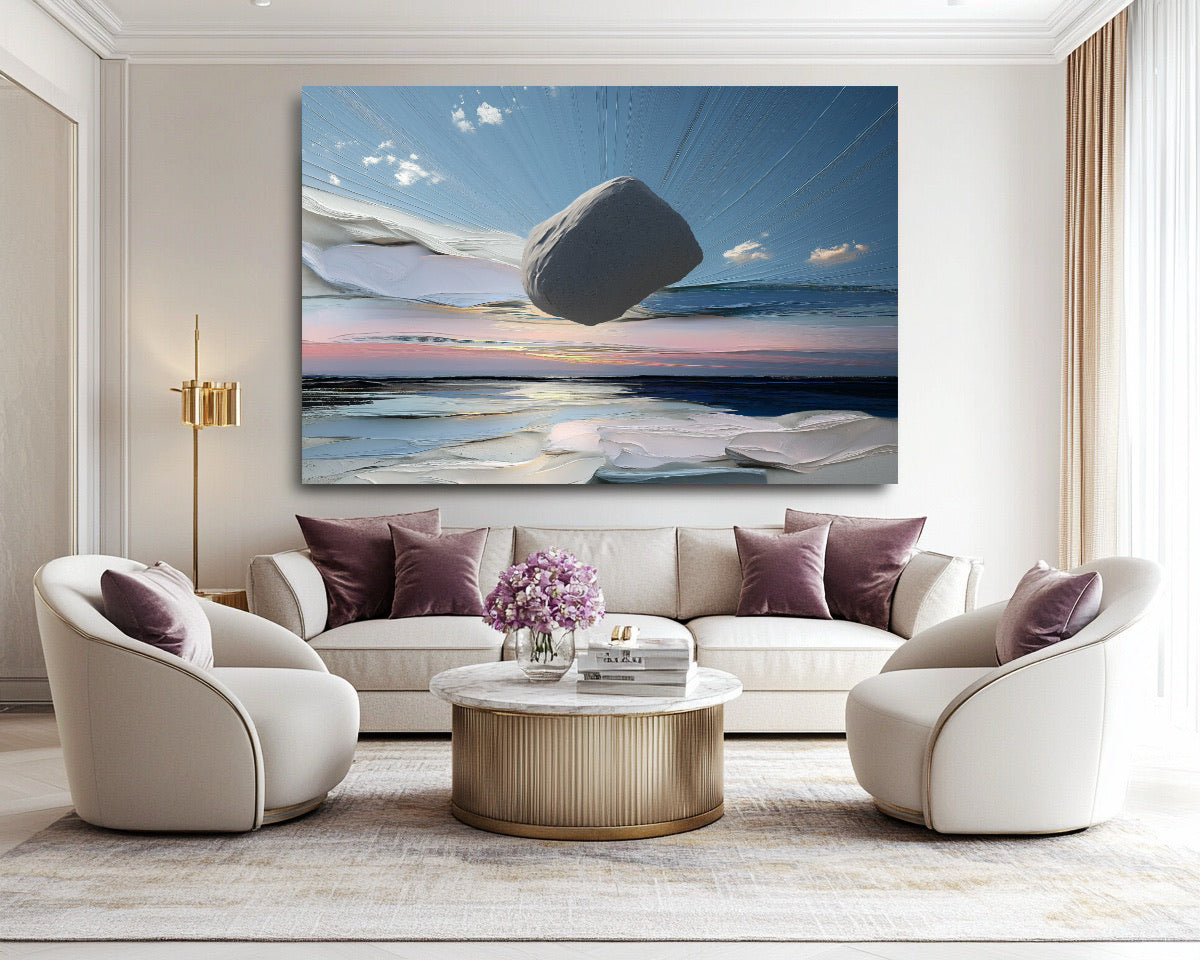 Cool abstract stone art complementing a neutral luxurious living room with velvet purple cushions and chic, curved seating.