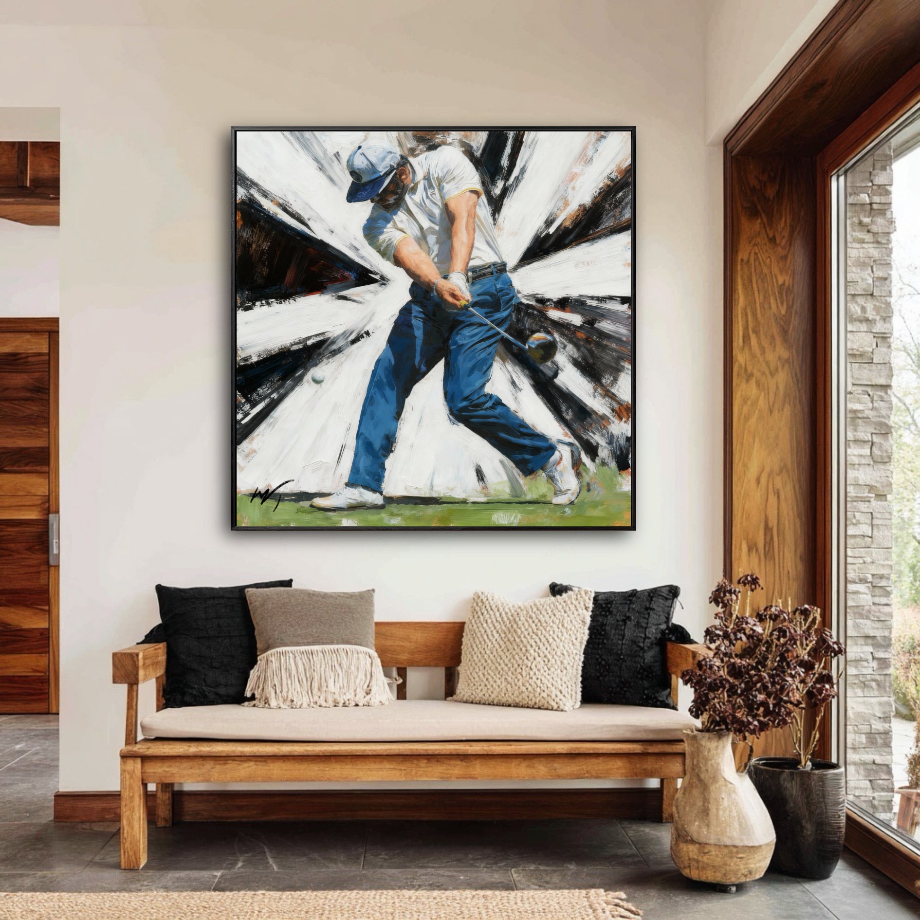 Large golf painting hanging above a wooden bench in a modern rustic entryway with a stone-framed doorway.