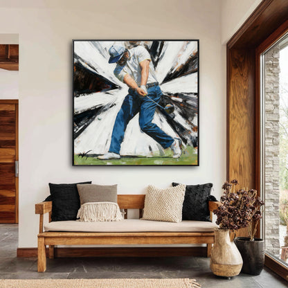 Large golf painting hanging above a wooden bench in a modern rustic entryway with a stone-framed doorway.