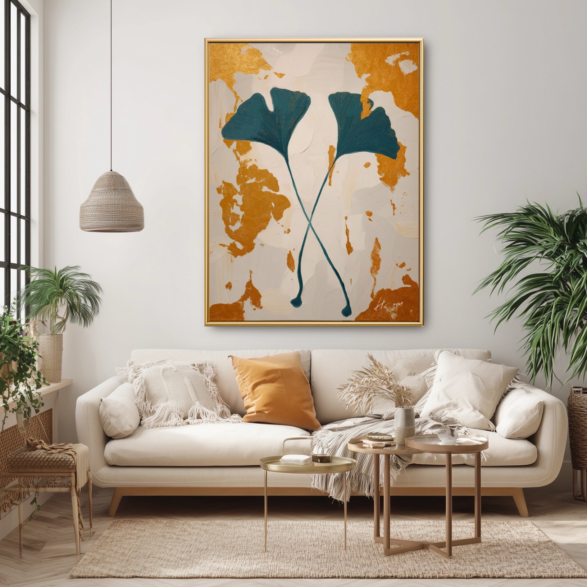 Original teal and gold ginkgo art in a boho living room. Botanical painting complements rattan lighting and natural plants.