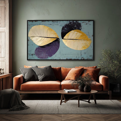 The gold and blue tones of the abstract art beautifully complement the earthy green wall and terracotta sofa in this moody, modern room.