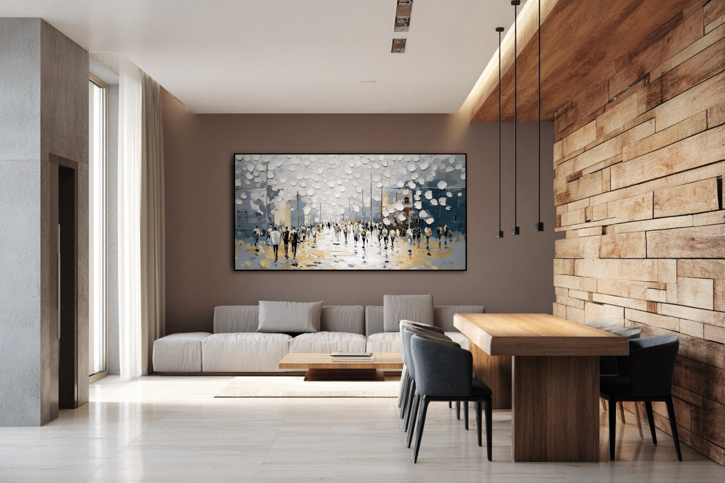 Abstract cityscape painting anchors a sophisticated space with a long white sofa, wood plank wall accent, and modern dining area.