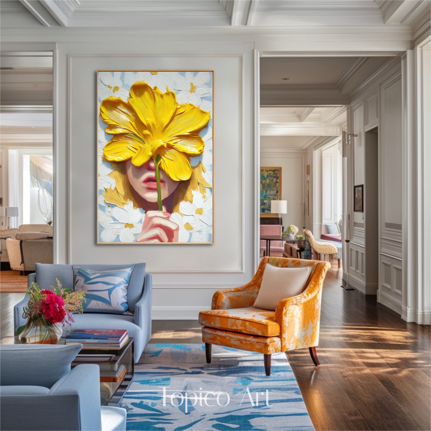 Vibrant yellow flower portrait anchors a traditional, elegant living room. The art provides a cheerful focal point above blue and orange seating, enhancing the wainscoting and hardwood floors.