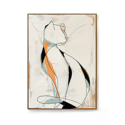 Original abstract line art cat painting. Modern minimalist fine art, vertical, with orange, black, and neutral colors. Neutral-warm.