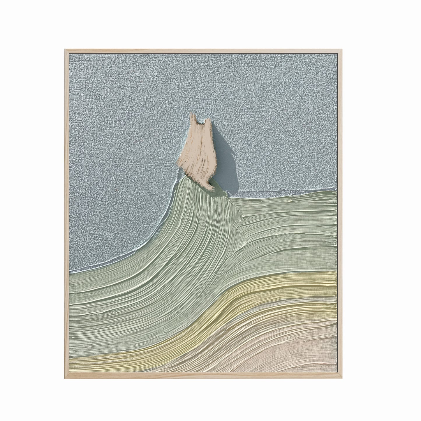 Original modern abstract cat landscape painting. Textured fine art with cool blue and soft green/yellow stripes. Cool-toned.