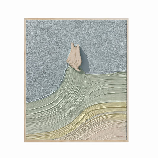 Original modern abstract cat landscape painting. Textured fine art with cool blue and soft green/yellow stripes. Cool-toned.