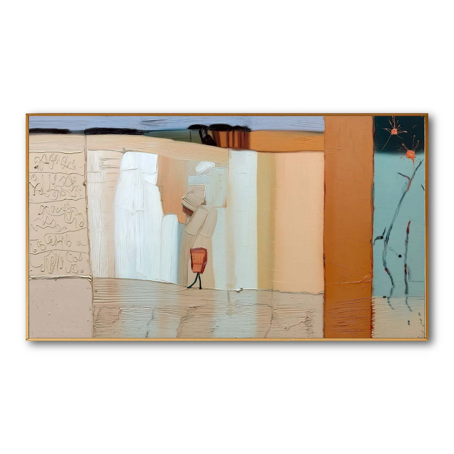 Original abstract impasto painting with a figure. Thick texture in warm, neutral beige and orange tones with a cool teal contrast.