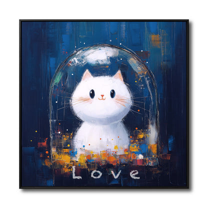 Original whimsical painting of a white cat in a glass dome. Textured, abstract blue background with colorful "Love" text.